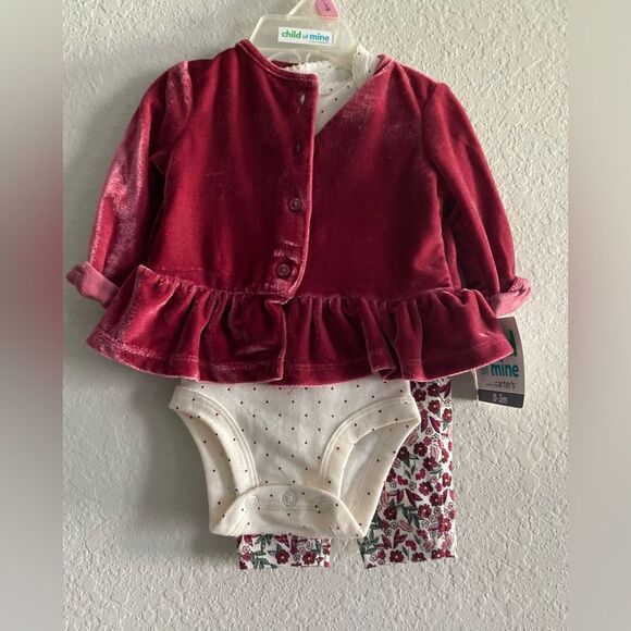 NWT Carter’s Baby girl 3-piece Pink velvet floral set size 0-3 months 0-3M - Picture 5 of 9